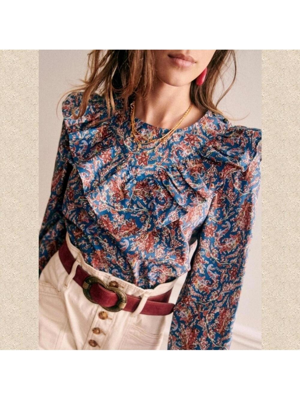 Sezane Chemise West Ranch Marine Boho Blouse Shirt Ruffle Blue 46/ US 14
